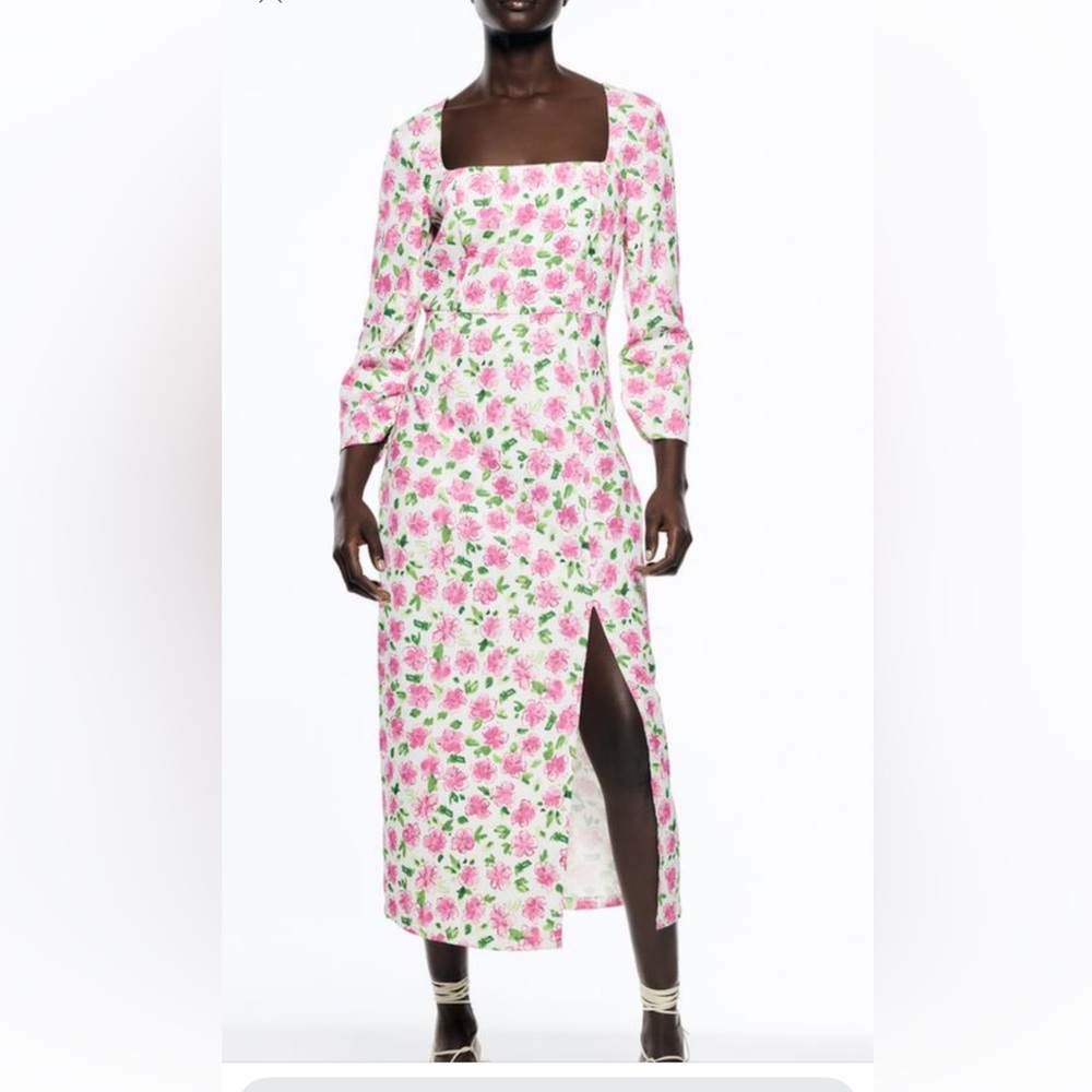 ZARA, SATIN FLORAL, MULTICOLORED, MIDI DRESS, XS, worn once, pink green white
